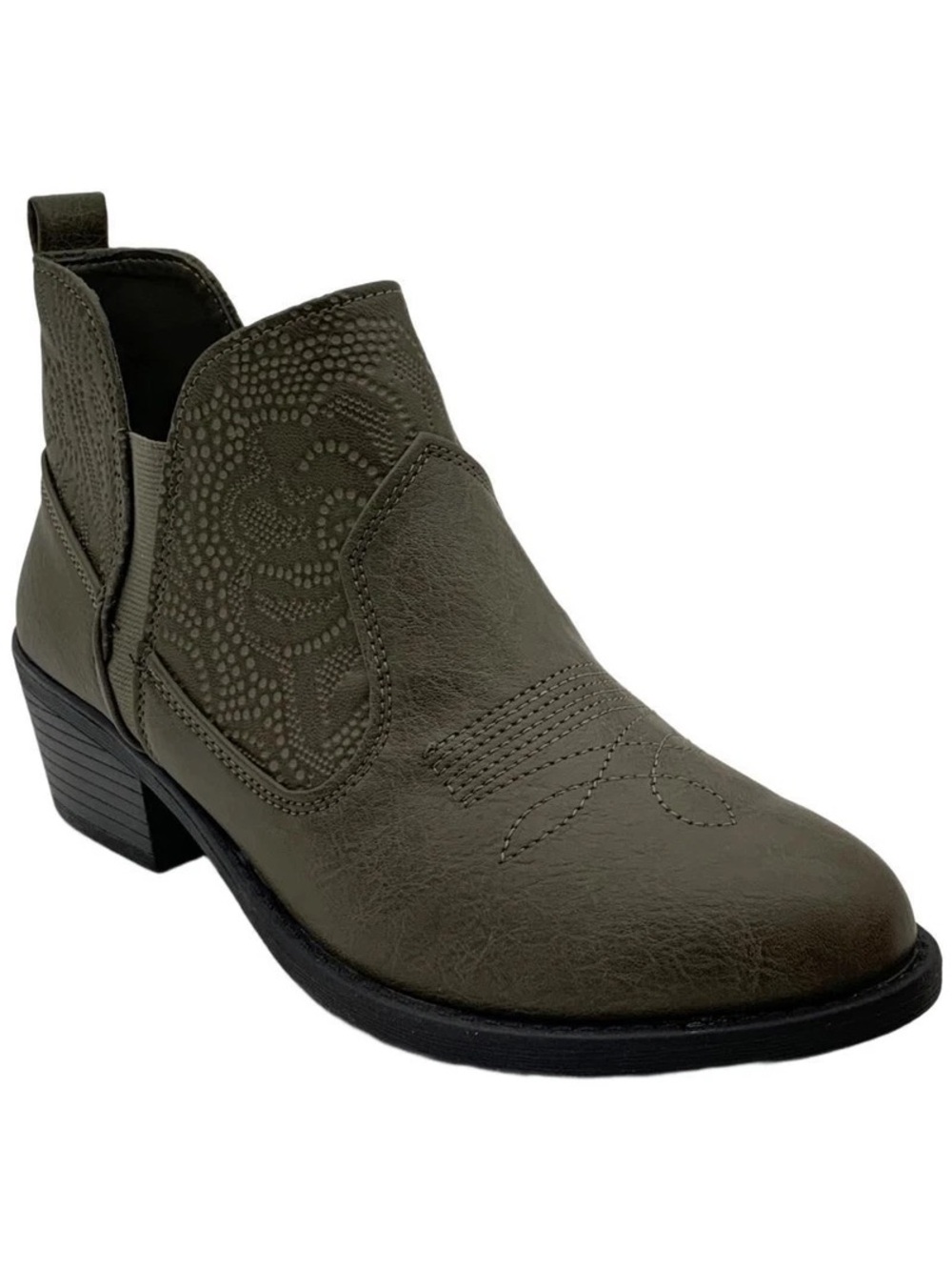Easy Street Women’s Olive Leather Western Ankle Bootie Embroidered Elastic 8M